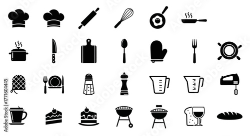 Comprehensive kufu collection of black silhouette kitchenware and cooking utensil icons for culinary graphic design eps 399