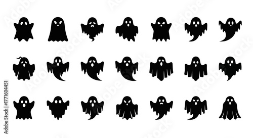 A collection of black ghost silhouettes. Vector icon set for Halloween design elements. Spooky and cute phantom characters isolated