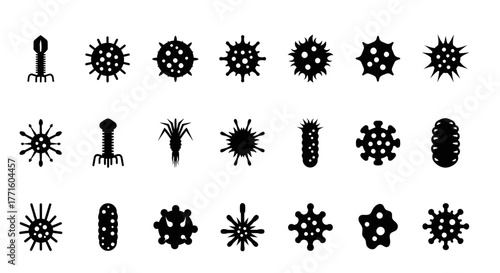 Diverse collection of black silhouette icons representing different types of viruses, bacteria, and germs. A vector set of microbial pathogen symbols for scientific and medical concepts
