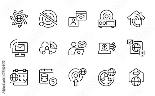 Digital connection linear icon set. Wi-Fi, wireless, mobile, communication, signal, internet, network, computer, vector thin line pack. UI icon designs