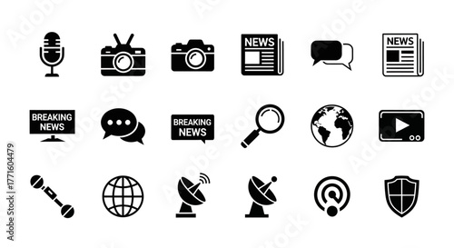 A collection of black silhouette icons representing news media, broadcasting, and global communication technology concepts