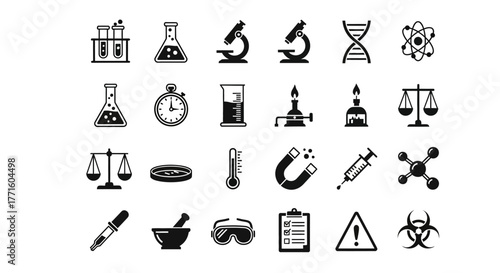 A versatile set of simple glyph icons for science and technology, featuring laboratory equipment and research symbols