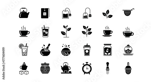 Monochrome collection of tea-related vector icons, showcasing brewing equipment, leaves, and different beverage styles for graphic design