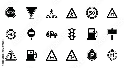 A comprehensive vector icon set of essential road and traffic safety signs, featuring various transportation and navigation symbols