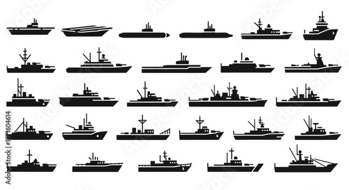 Collection of military navy ship silhouettes. Vector icon set of warships, battleships, submarines, and aircraft carriers