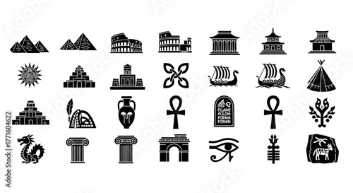 A diverse collection of flat vector icons depicting ancient world history, including famous landmarks, cultural symbols, and mythological elements from global civilizations