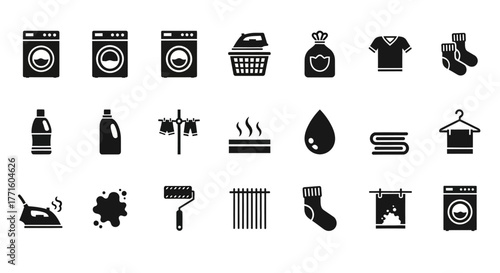 Laundry and household cleaning icons set, a collection of simple glyphs and symbols for housework kufu graphic design elements