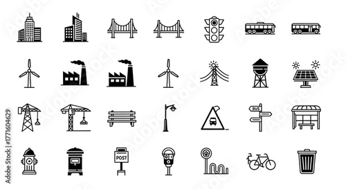 City infrastructure and urban life line icon set. Vector symbols for buildings, transportation, energy, and municipal services