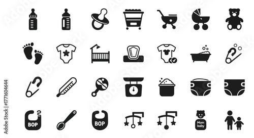 A comprehensive set of flat glyph icons representing newborn baby essentials, childcare objects, and parenting symbols for graphic design