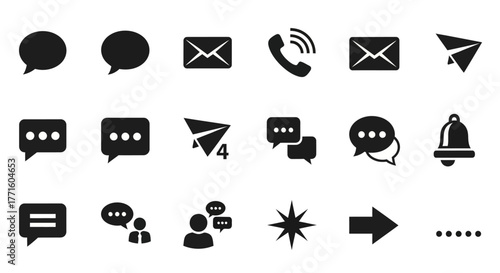 Collection of essential flat glyph communication icons for web and mobile user interfaces. Set includes chat bubbles, email, phone call, and notification symbols in a clean modern design