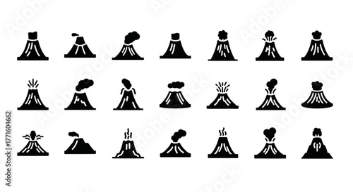 Creative black glyph icons of volcanoes, depicting various volcanic eruptions and smoke