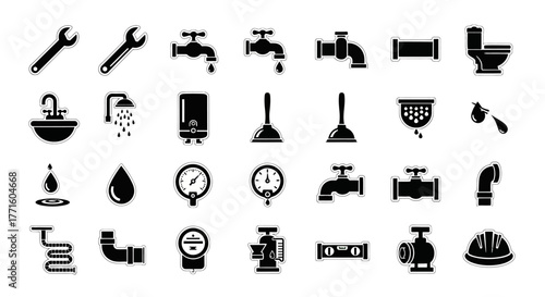 A comprehensive collection of black glyph icons representing plumbing tools, sanitary equipment, and water system components