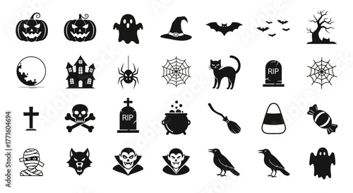 A comprehensive collection of black silhouette Halloween icons, including spooky characters and scary symbols for holiday graphic design elements