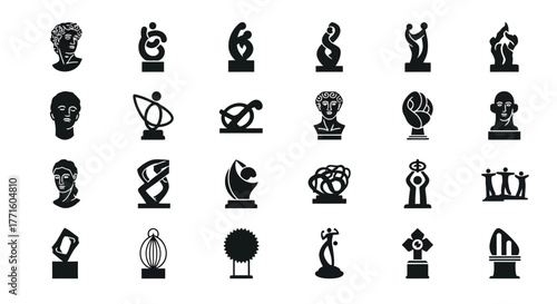 A diverse collection of black glyph icons representing various art sculptures, statues, and public monuments for creative design