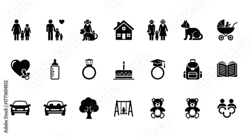 Family life stages vector icon set. A comprehensive collection of symbols representing childhood, parenting, and home life