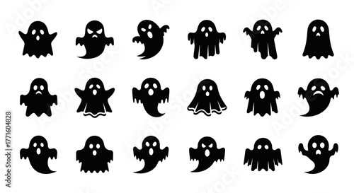 A creative collection of black silhouette ghost characters with various spooky, cute, and funny facial expressions for Halloween