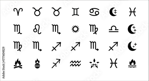 Minimalist set of zodiac sign icons and astrological glyphs. Vector collection of horoscope symbols, celestial elements, and mystical signs