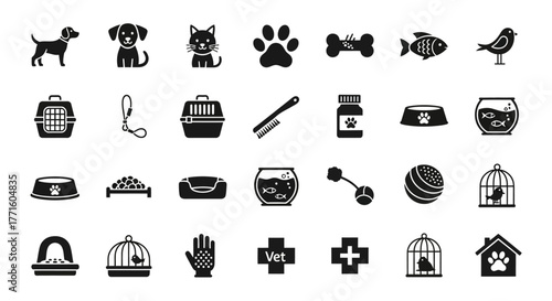 Comprehensive set of solid pet icons for veterinary clinics, animal shops, and grooming services. Vector graphic elements collection