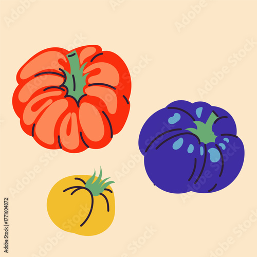 Vector illustration of tomatoes in flat, doodle, minimalist style. Simple hand-drawn food design with tomato fruits, slices, and branches. Perfect for kitchen decor, packaging, menus, and healthy food