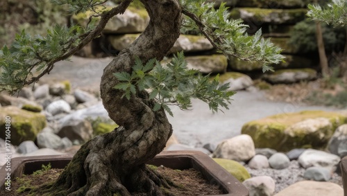 Twisted Juniper Bonsai Tree in Serene Japanese Garden Setting.