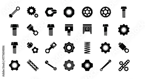 Industrial machinery and vehicle spare parts icon set. Flat design vector symbols for mechanics, technology, and engineering concepts