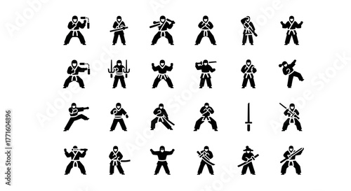 A versatile set of solid black glyph icons featuring Japanese warriors, ninjas, and samurai in dynamic martial arts postures with weapons