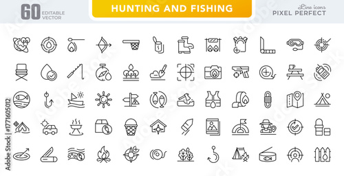Haunting and fishing line icon set. Outdoor, fish, fisher, activity, hunt, leisure, baitcamp, arrow, binoculars, vector line icons. Editable stroke design