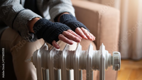 Person warming hands with fingerless gloves on home radiator during winter.