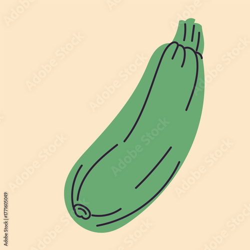 Hand-drawn zucchini illustration in flat, doodle, minimalist style. Simple design featuring whole zucchini, slices, and branches. Perfect for food packaging, kitchen prints, menus, and healthy 