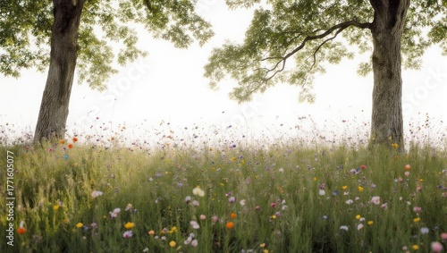 Two Majestic Trees Stand Tall in a Sun-Drenched Meadow of Wildflowers.