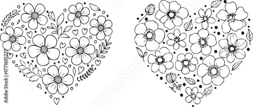 Boho floral heart black line art composition