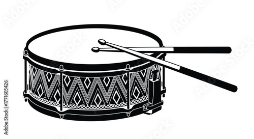 Black and white vector illustration of a snare drum with a decorative pattern on its side and two drumsticks resting on its top head.