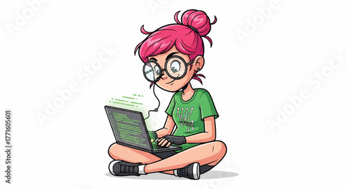 Cartoon illustration of a girl with pink hair and glasses sitting cross-legged while using a laptop with a surprised expression on a plain white background.
