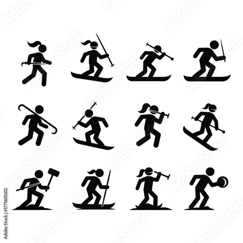 Diverse winter sports icon set representing skiing snowboarding and other outdoor activities for digital design applications silhouette