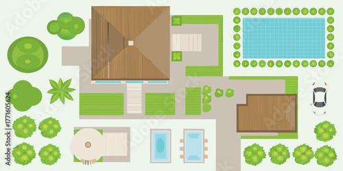 Top down view of a modern house layout with swimming pool and garden elements