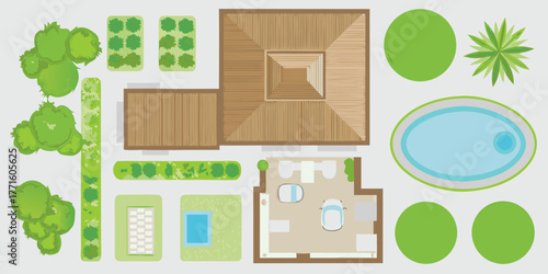 Top down view of a house with a pool garden and outdoor living space