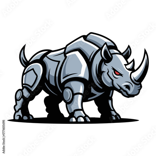 Powerful mechanical rhino with an aggressive stance ready for battle. An imposing illustration of a technologically enhanced rhino