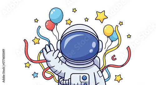 A cartoon astronaut wearing a white spacesuit and blue helmet holds balloons with colorful streamers and stars on a white background.