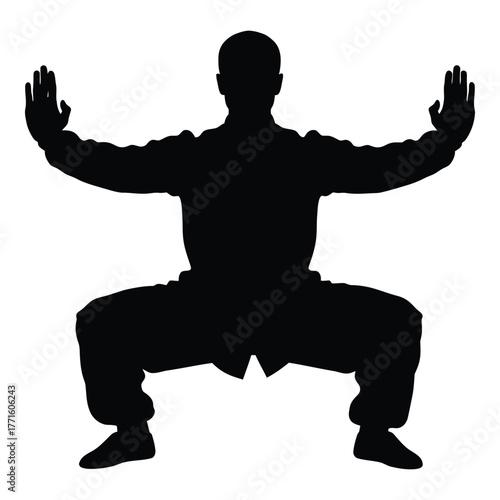 Silhouette of a martial artist in a wide stance with arms raised in a protective pose for martial arts and fitness silhouette