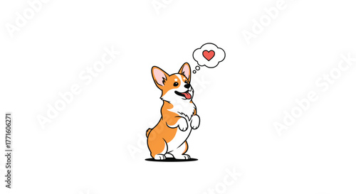 An adorable cartoon Corgi dog stands on its hind legs, happily looking up with a thought bubble containing a red heart, symbolizing love.