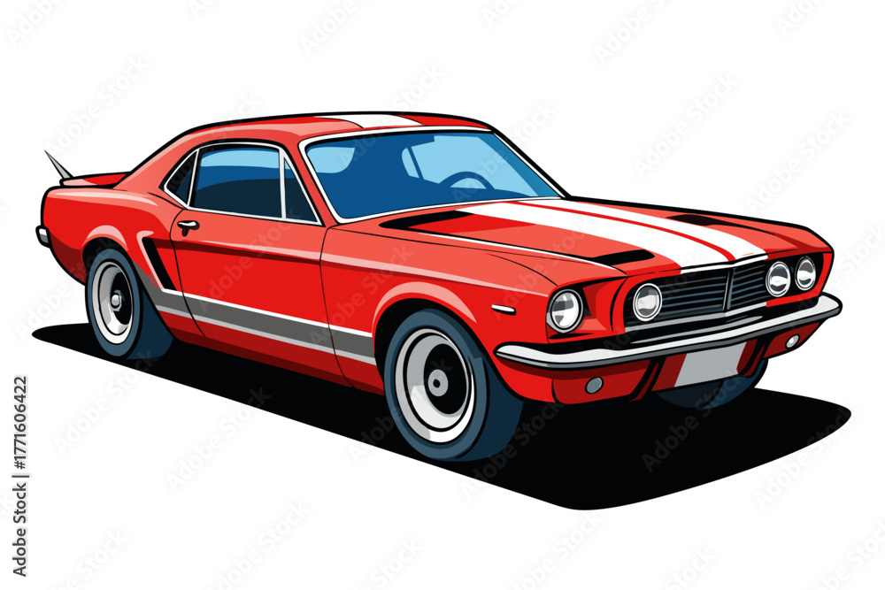Obraz premium Classic red muscle car with white racing stripes