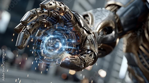 回転するホログラムインターフェースを保持するゴールドとシルバーのサイボーグアーム | Gold and Silver Cyborg Arm Holding a Rotating Hologram Interface