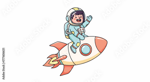 Cheerful cartoon child astronaut riding a colorful rocket ship with a big smile on a plain white background.