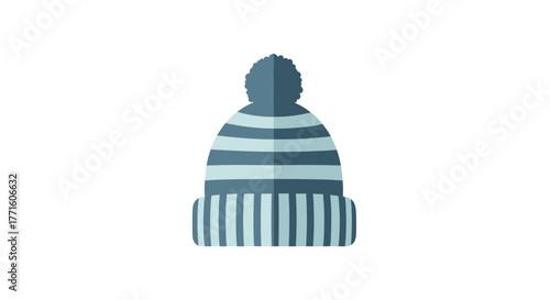 A cozy striped blue and teal winter beanie hat with a fluffy pompom, rendered in a clean and modern flat design illustration.