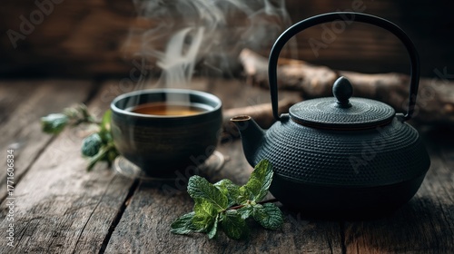 A steaming cup of dark tea sits beside a black cast iron teapot and a sprig of mint on old wood