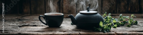 A steaming cup of dark tea sits beside a black cast iron teapot and a sprig of mint on old wood