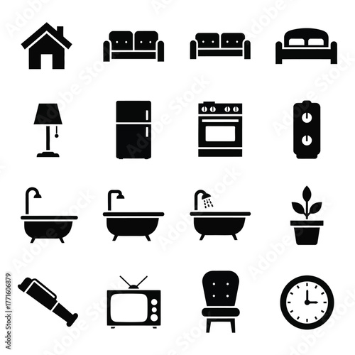 Diverse household icons featuring furniture appliances and bathroom fixtures essential for home design and interior decoration silhouette
