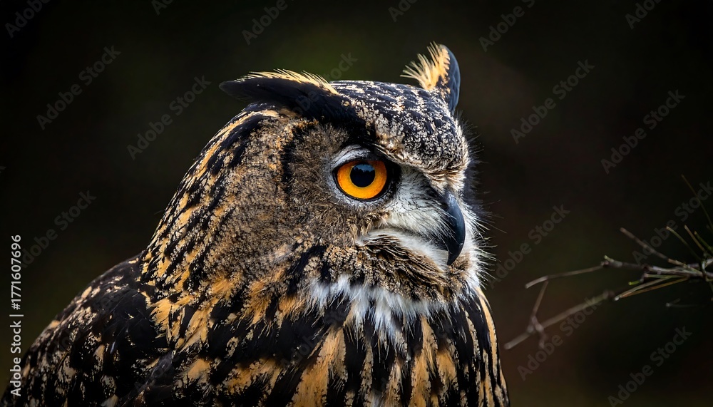 Fototapeta premium Detailed portrait of a majestic owl, showcasing its striking orange eyes and patterned plumage against a blurred dark background