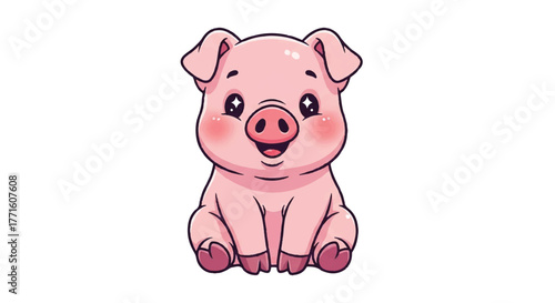 A cheerful cartoon pig with rosy cheeks and a smiling face sitting on a white background with a playful and cute mood.