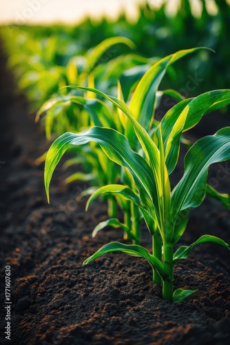 Young corn plants growing in rows in fertile soil. Agriculture and harvest
